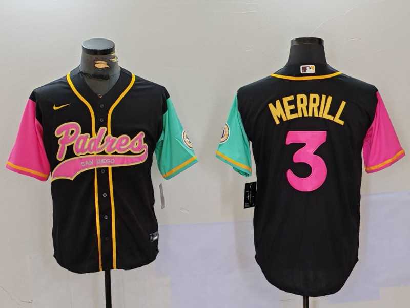 Mens San Diego Padres #3 Jackson Merrill Black NEW 2023 City Connect Cool Base Stitched Jersey